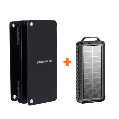 combinatie heko solar surge en unfold 15 solar powerbank en solar charger portable solar panel